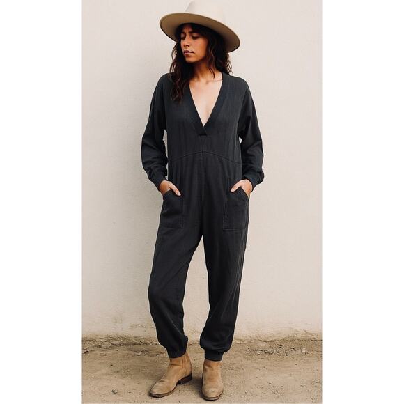 Free People Just Because Jumpsuit Black Small Cozy Lounge Comfy One Piece Boho - Picture 1 of 16